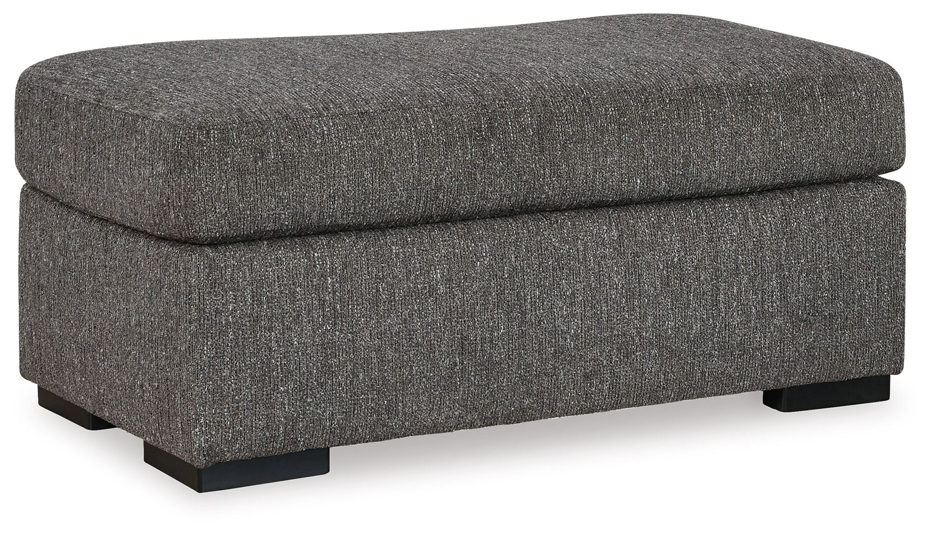 Pewter fabric ottoman with rounded top, cushioned seat, and black base