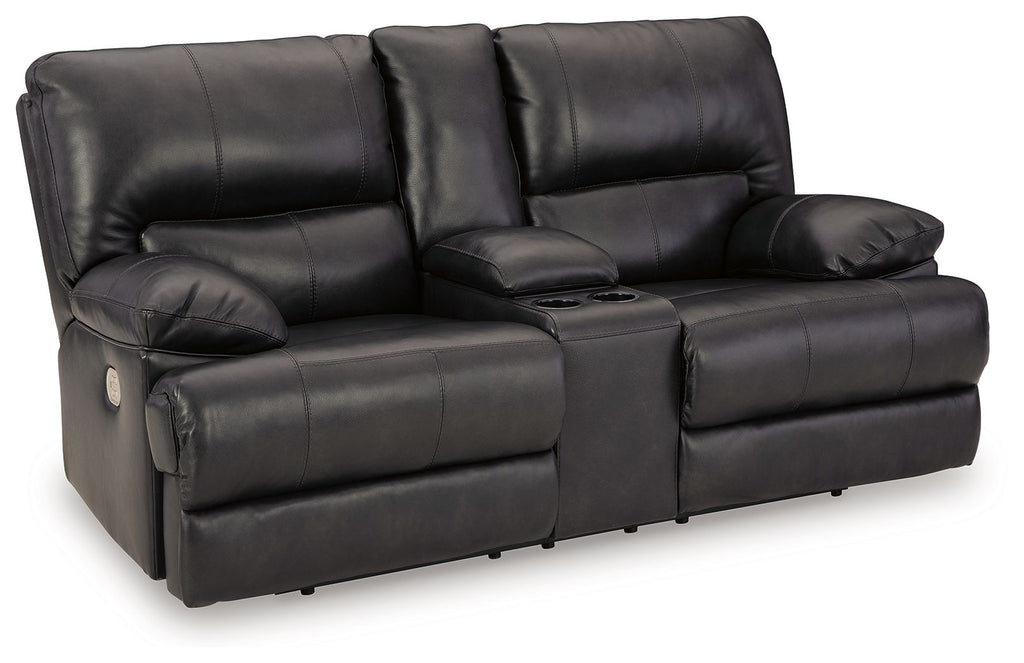 Dark leather-look power reclining loveseat with console and adjustable headrests