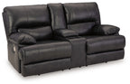 Dark leather-look power reclining loveseat with console and adjustable headrests