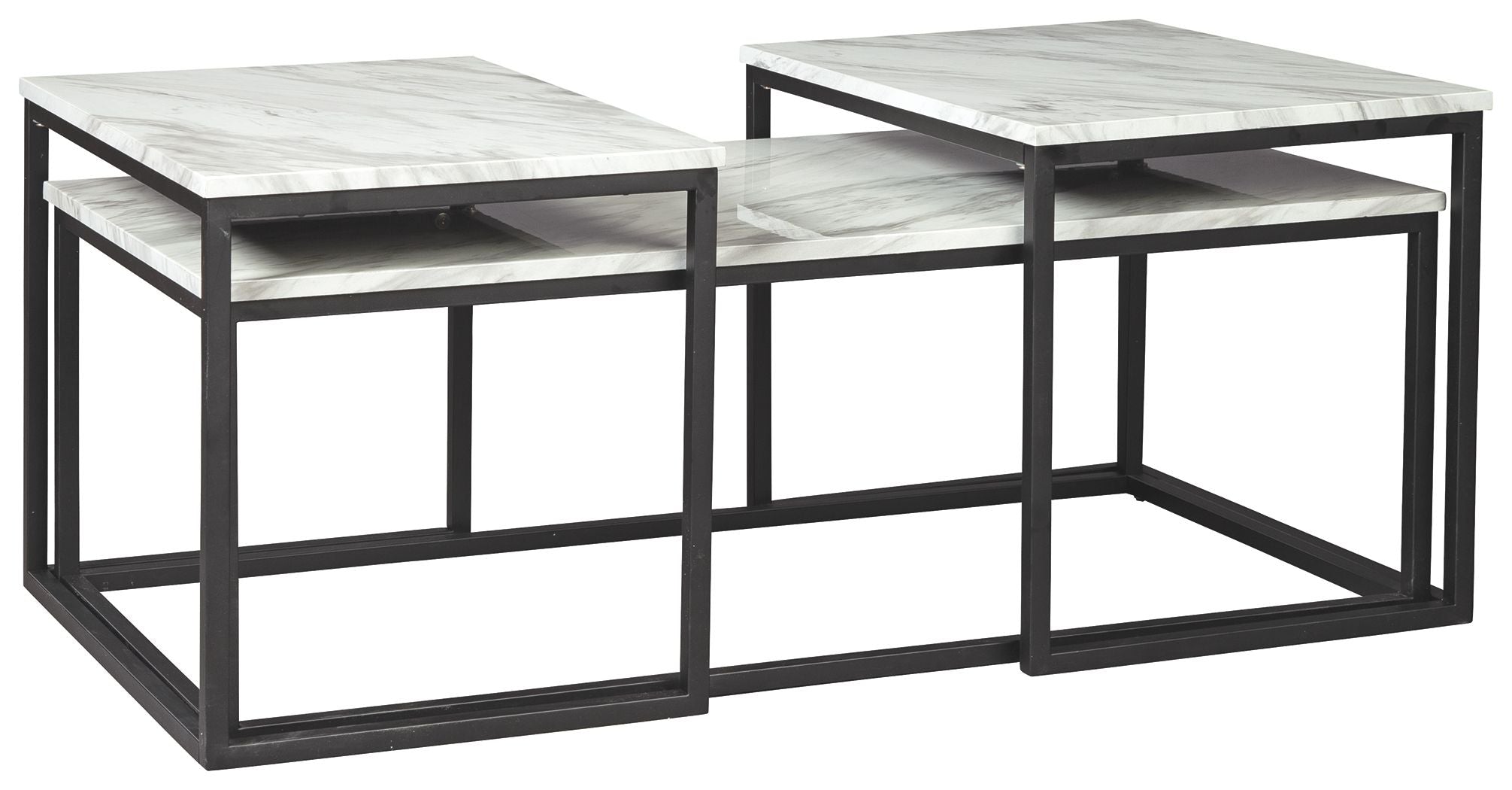 Set of three nesting tables with gray marble-look tops and black frames