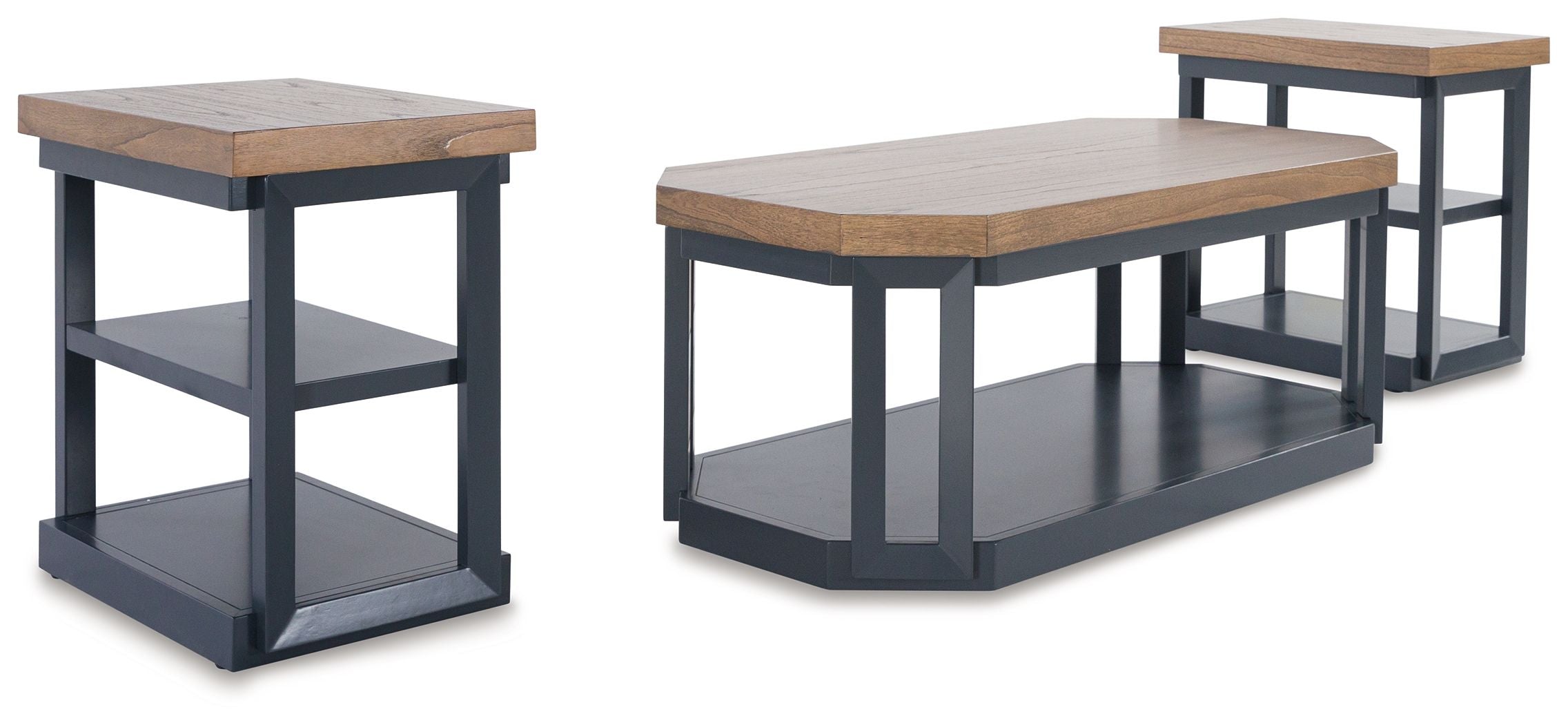 Landocken occasional tables: brown tops and dark blue-gray frames