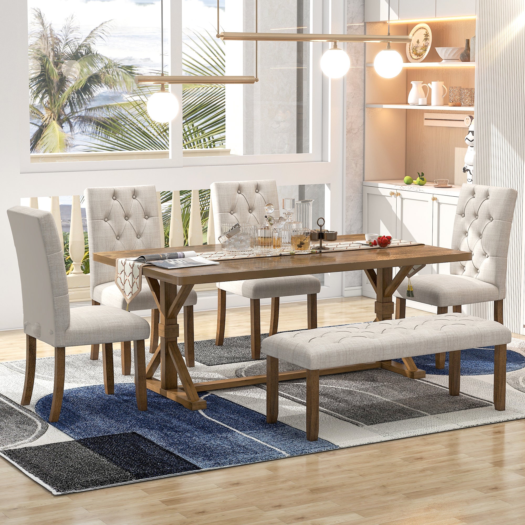 6-Piece Farmhouse Dining Set - 72" Rectangular Wood Table, 4 Upholstered Chairs with Bench (Walnut)