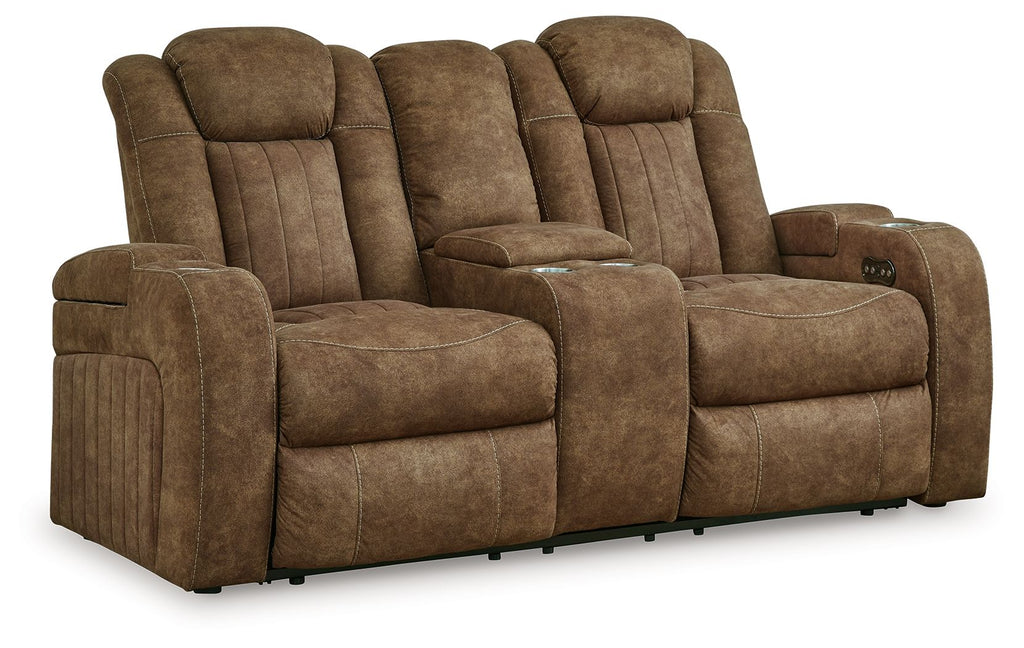 Brindle brown power reclining loveseat shown from front-left, reclining seat and arms