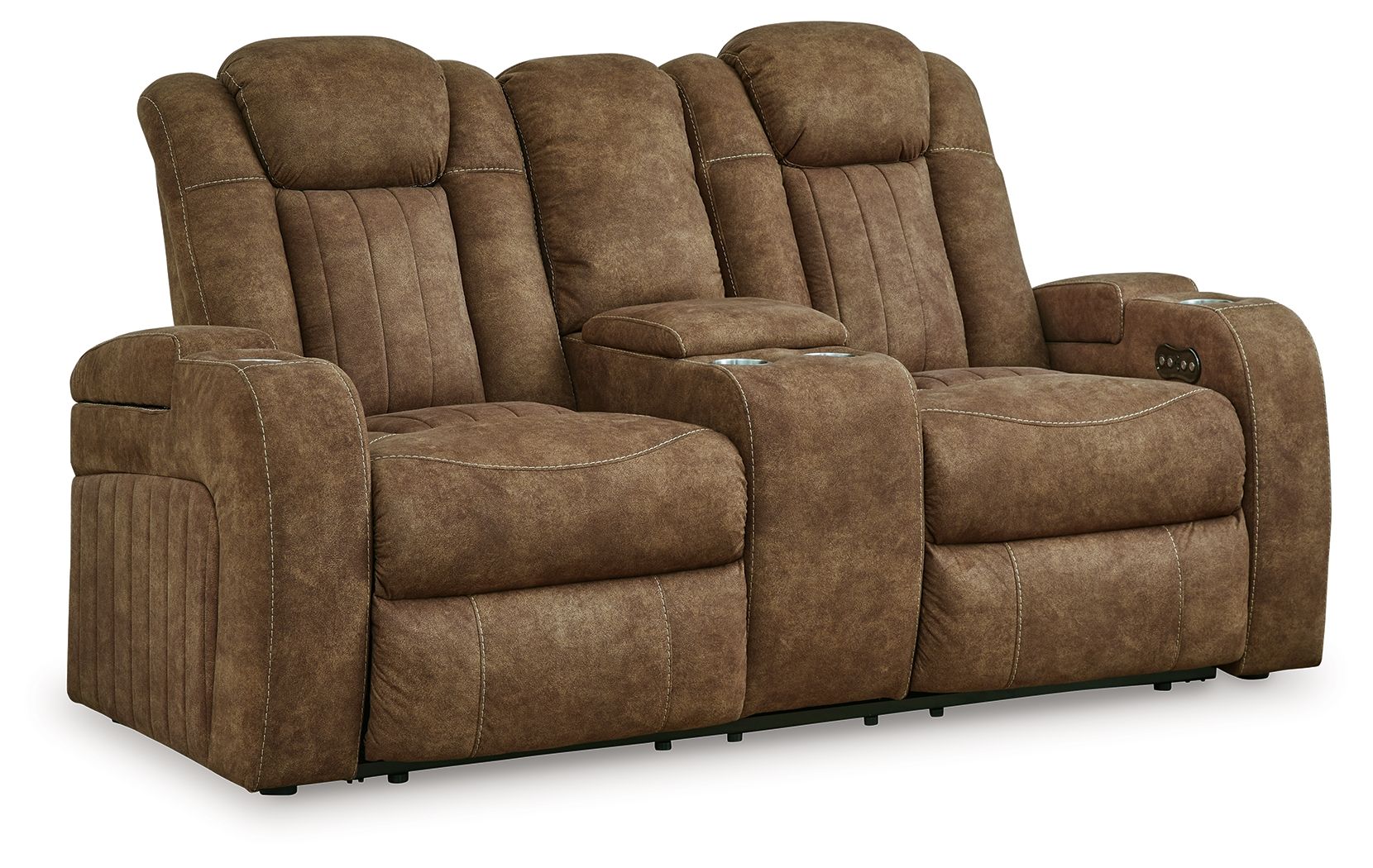 Brindle brown power reclining loveseat shown from front-left, reclining seat and arms