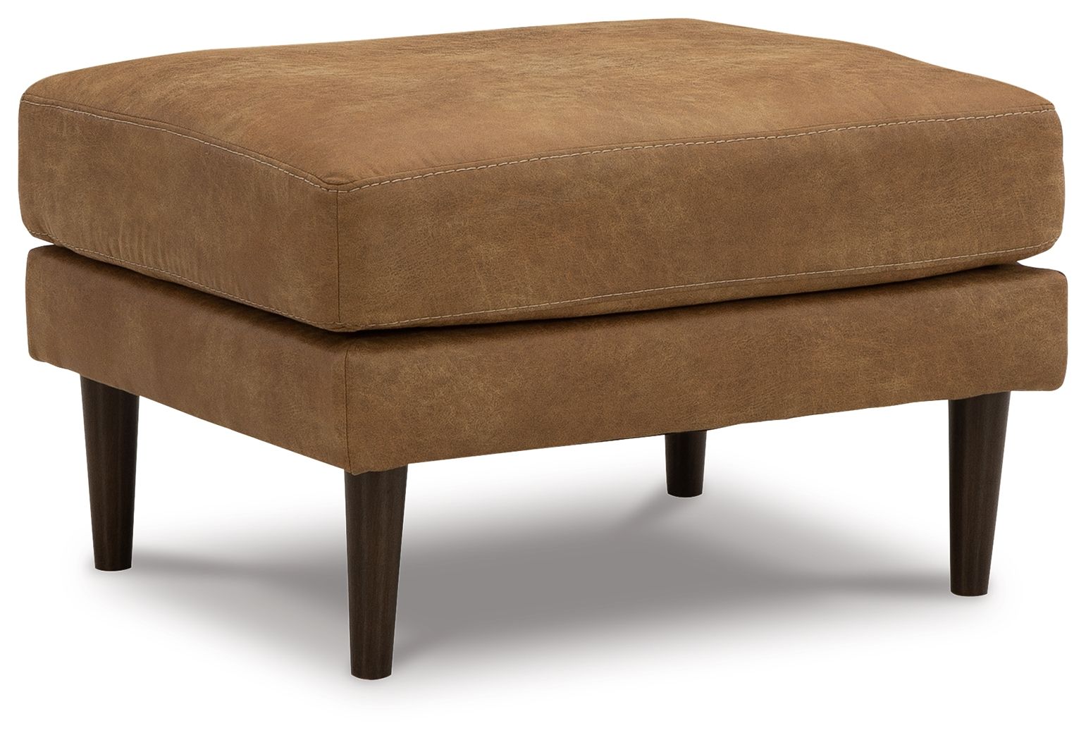 Caramel upholstered ottoman with tufted seat and dark wooden legs