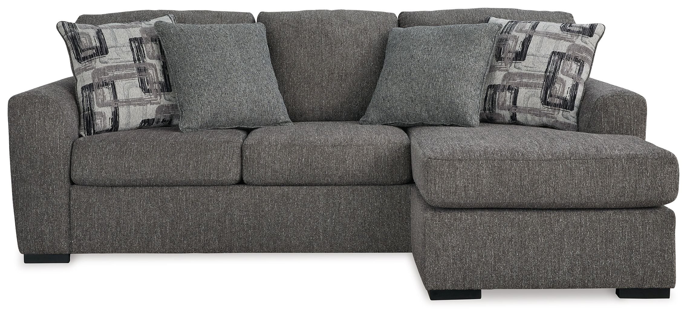 Pewter fabric sofa chaise with chaise ottoman, three back pillows and two patterned throws