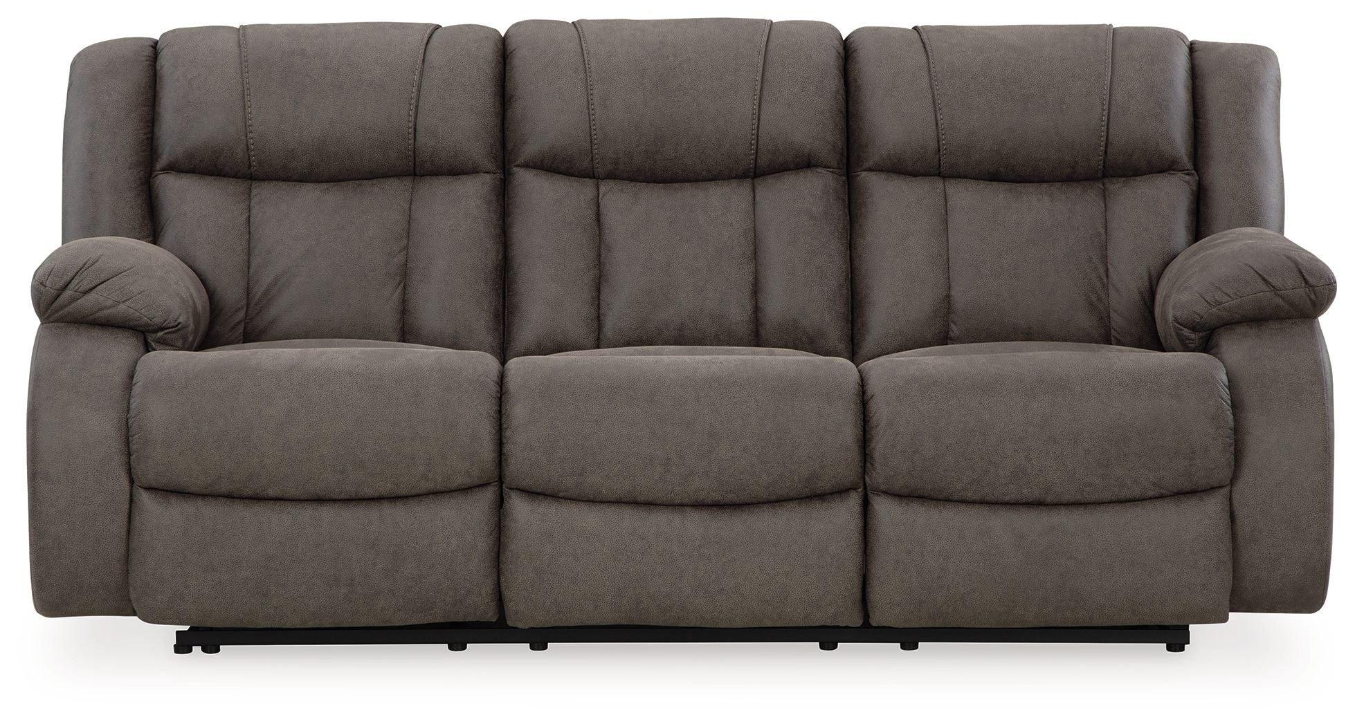 Gunmetal reclining sofa with padded armrests and three seat cushions