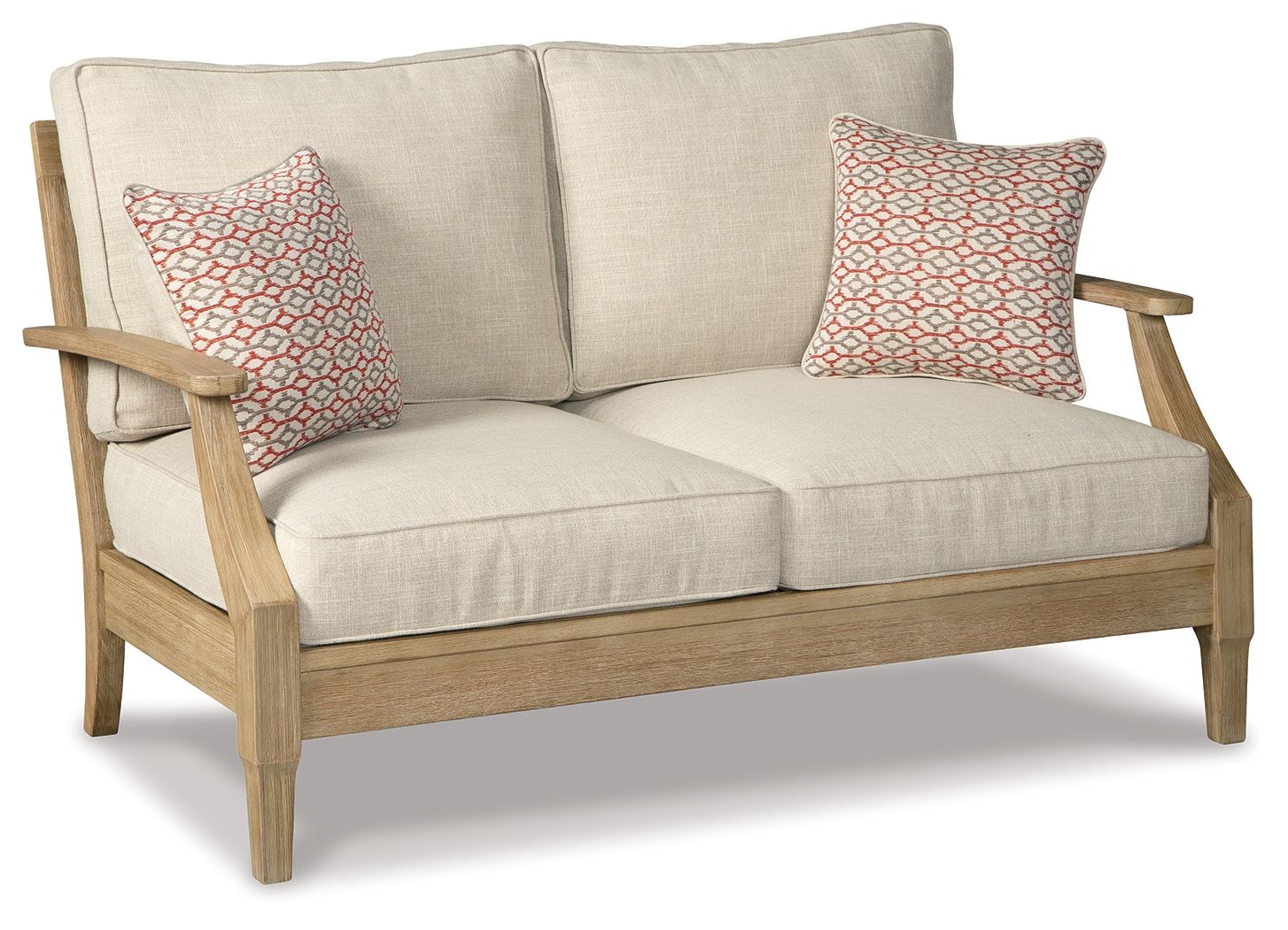 Beige loveseat with cushion, wood arms, and two patterned throw pillows