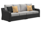 Outdoor loveseat with black wicker frame, light gray cushions, two yellow pillows