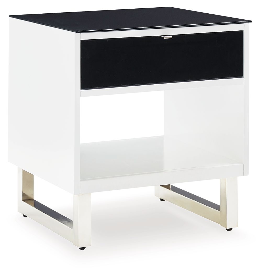 Rectangular end table with white frame and black drawer, open shelf, metal legs