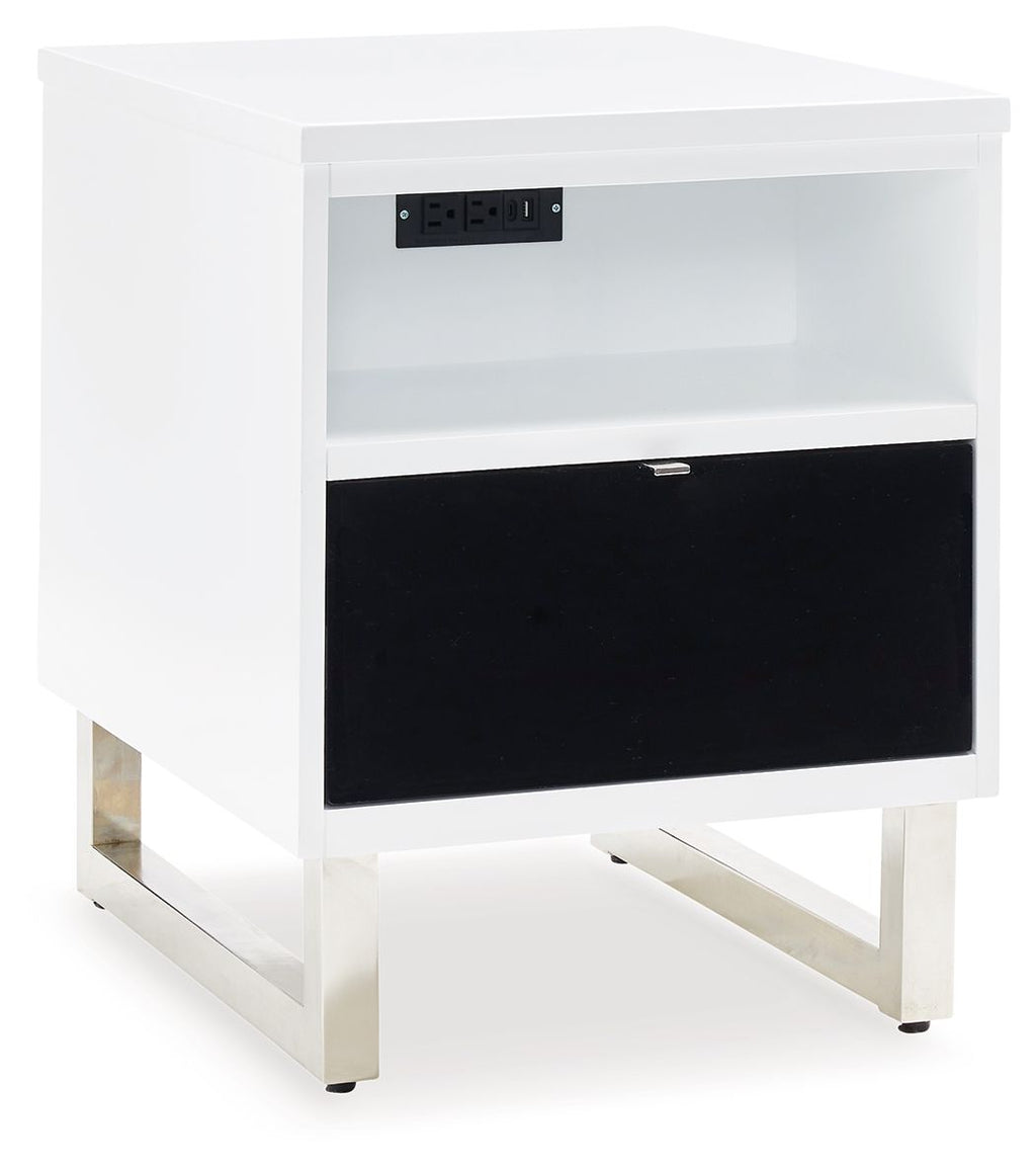 White chair side end table with open shelf and black drawer front