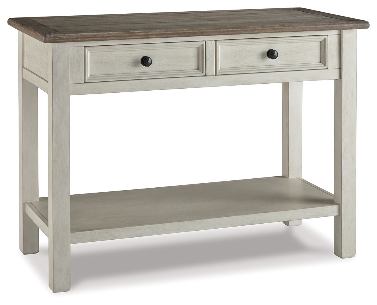 White sofa table with two drawers and dark wood top, open lower shelf