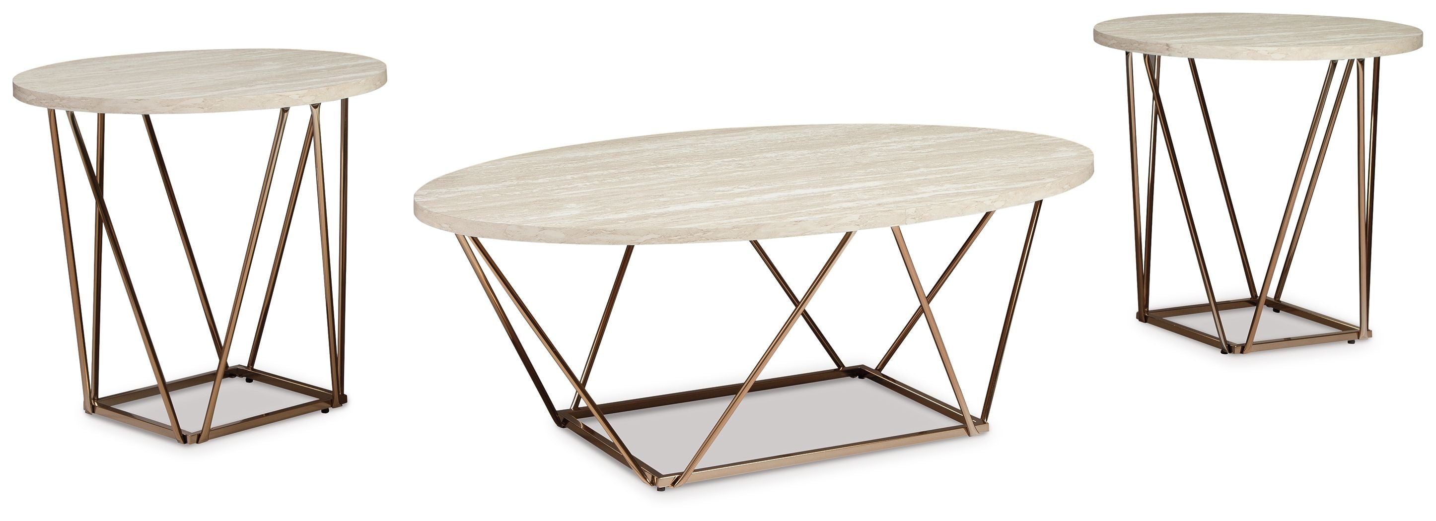 Occasional table set of 3 with off-white round tops and metallic gold crisscross legs