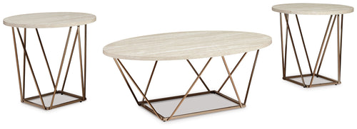 Occasional table set of 3 with off-white round tops and metallic gold crisscross legs