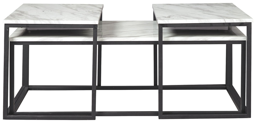 Three-piece table set with matching marble-look tops and black metal bases