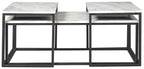 Three-piece table set with matching marble-look tops and black metal bases