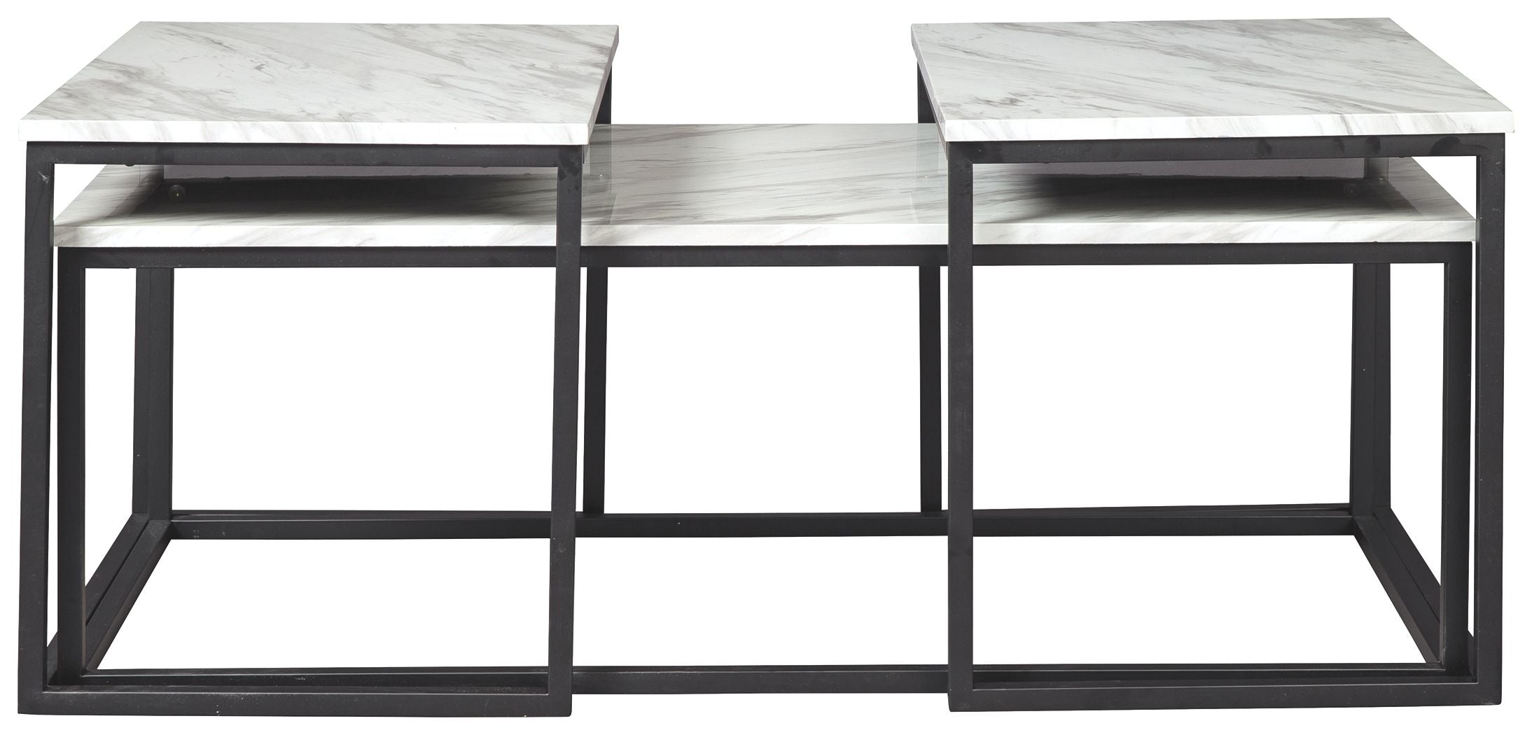 Three-piece table set with matching marble-look tops and black metal bases