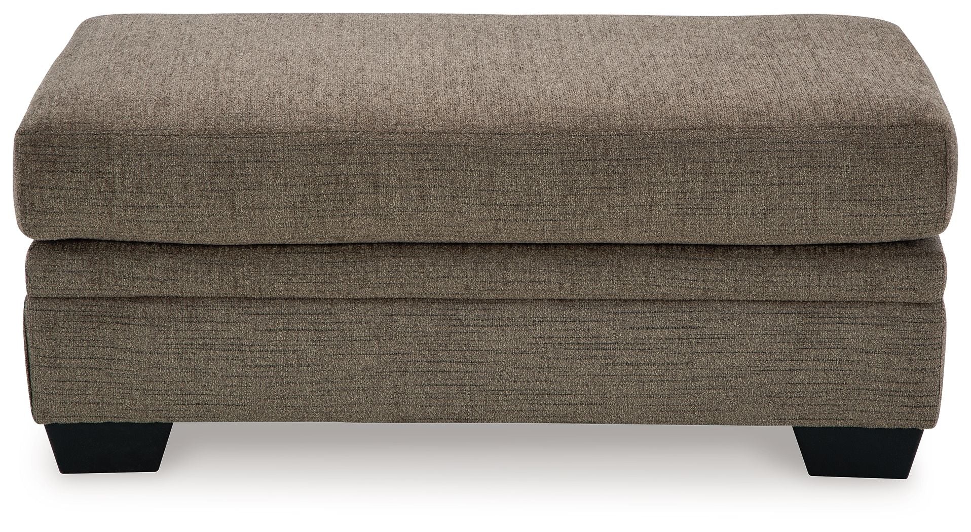 Upholstered ottoman in dark brown fabric with stitched panels and black legs.