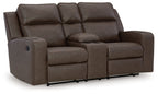 Granite gray double recliner loveseat with center console and padded arms