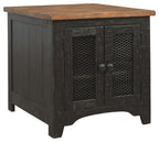 Rectangular end table with dark cabinet doors and wire-mesh panels, solid wood top