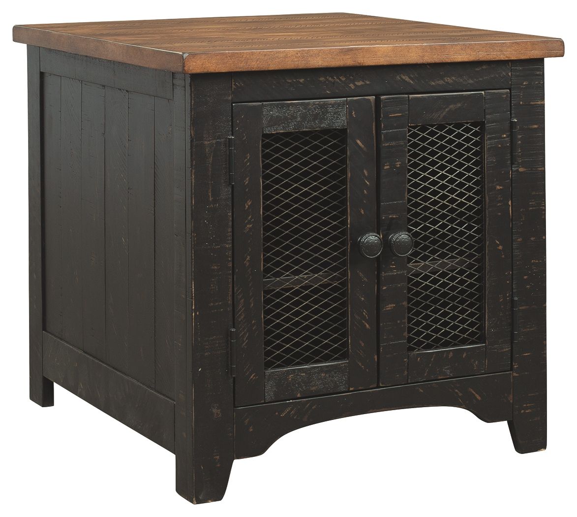 Rectangular end table with dark cabinet doors and wire-mesh panels, solid wood top