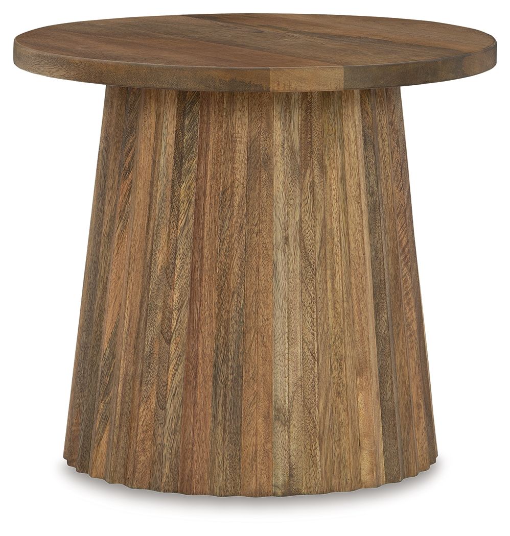 Light brown round accent table with wood-grain pedestal base