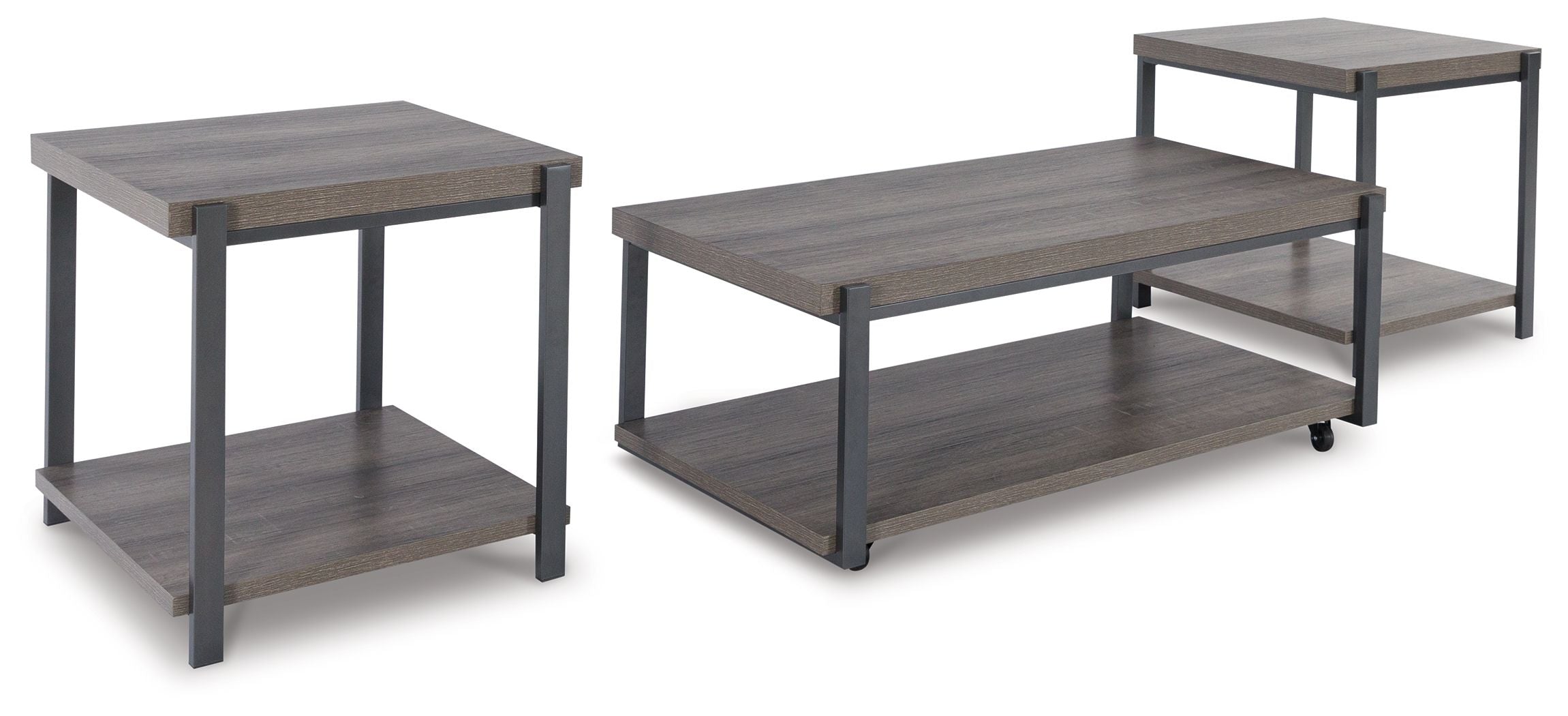 3-piece occasional table set: gray wood-look coffee table plus two side tables