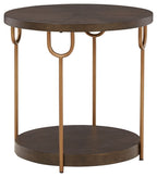 Dark brown round end table with gold-finish curved legs and lower shelf.