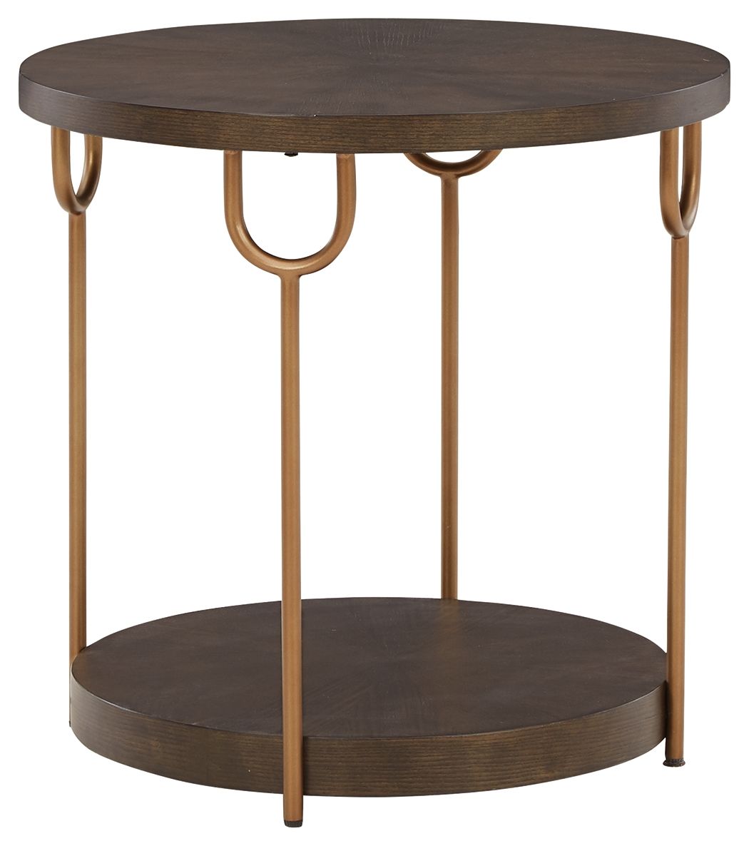 Dark brown round end table with gold-finish curved legs and lower shelf.