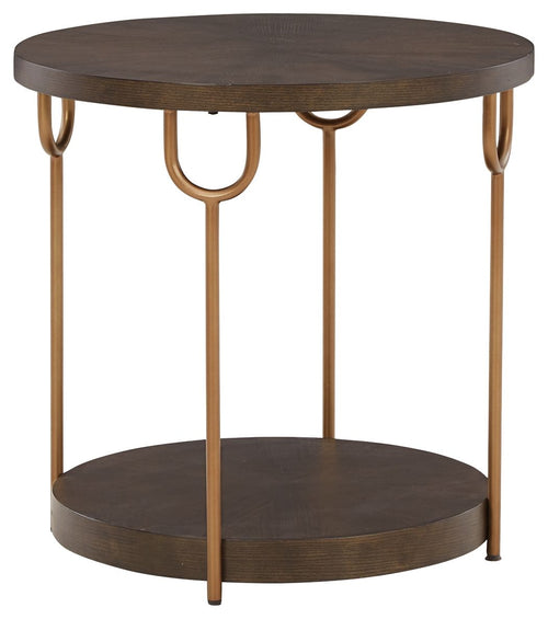 Dark brown round end table with gold-finish curved legs and lower shelf.