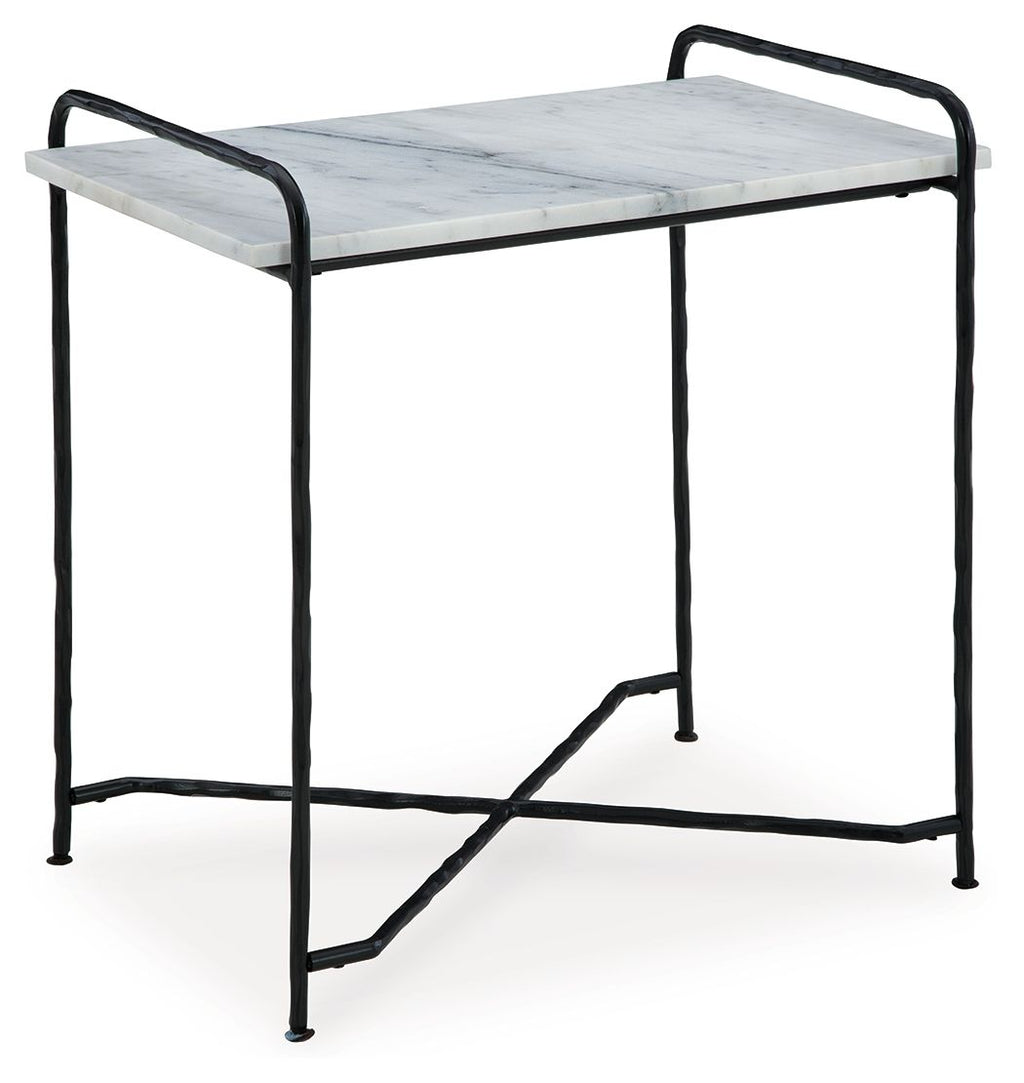 Accent table with white marble-look top and black metal frame