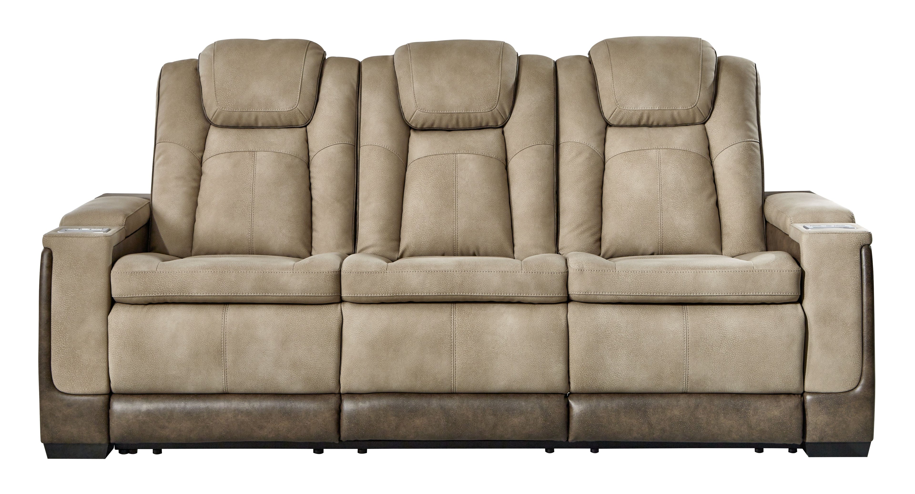 Sand power reclining sofa with padded headrests, cushioned arms, and three recliners.