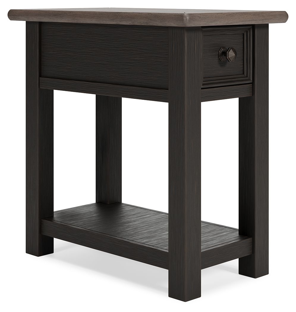 Black chair side end table with gray-toned drawer front and open lower shelf.