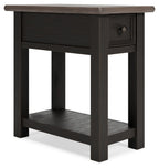 Black chair side end table with gray-toned drawer front and open lower shelf.