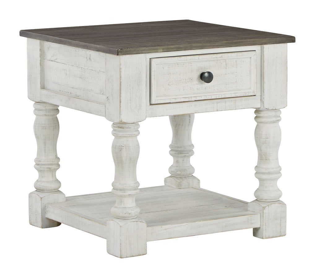 Square end table with drawer, turned legs, lower shelf, dark gray wood top