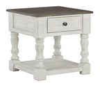Square end table with drawer, turned legs, lower shelf, dark gray wood top