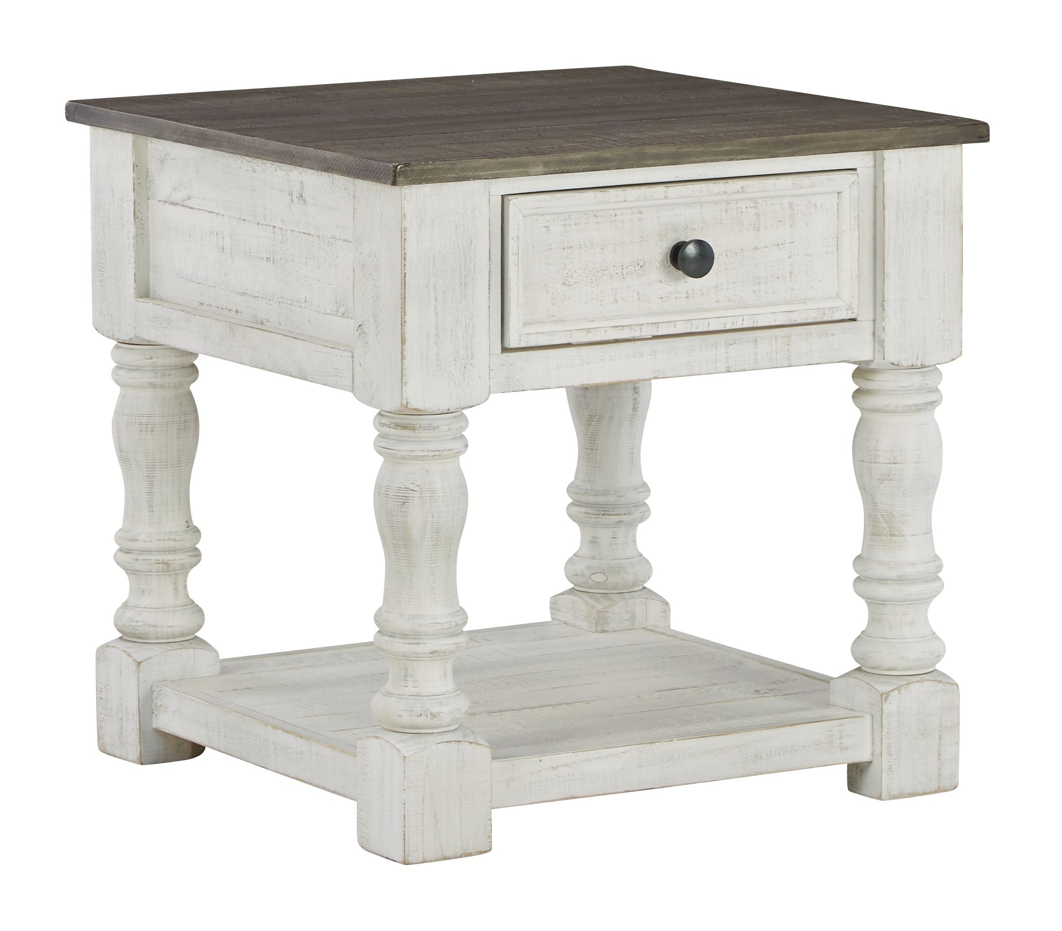 Square end table with drawer, turned legs, lower shelf, dark gray wood top