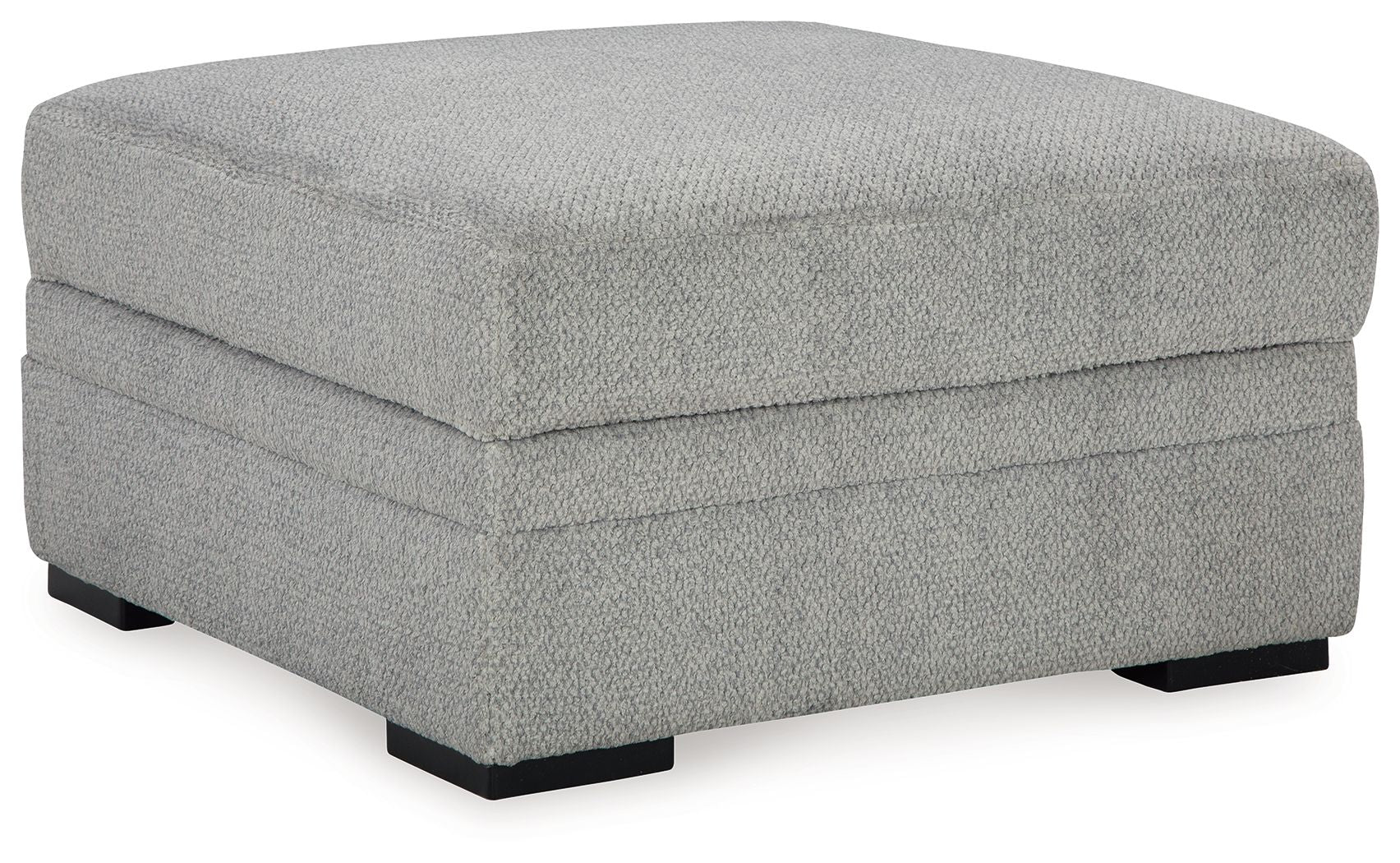 Cement gray fabric storage ottoman with hinged top and black feet