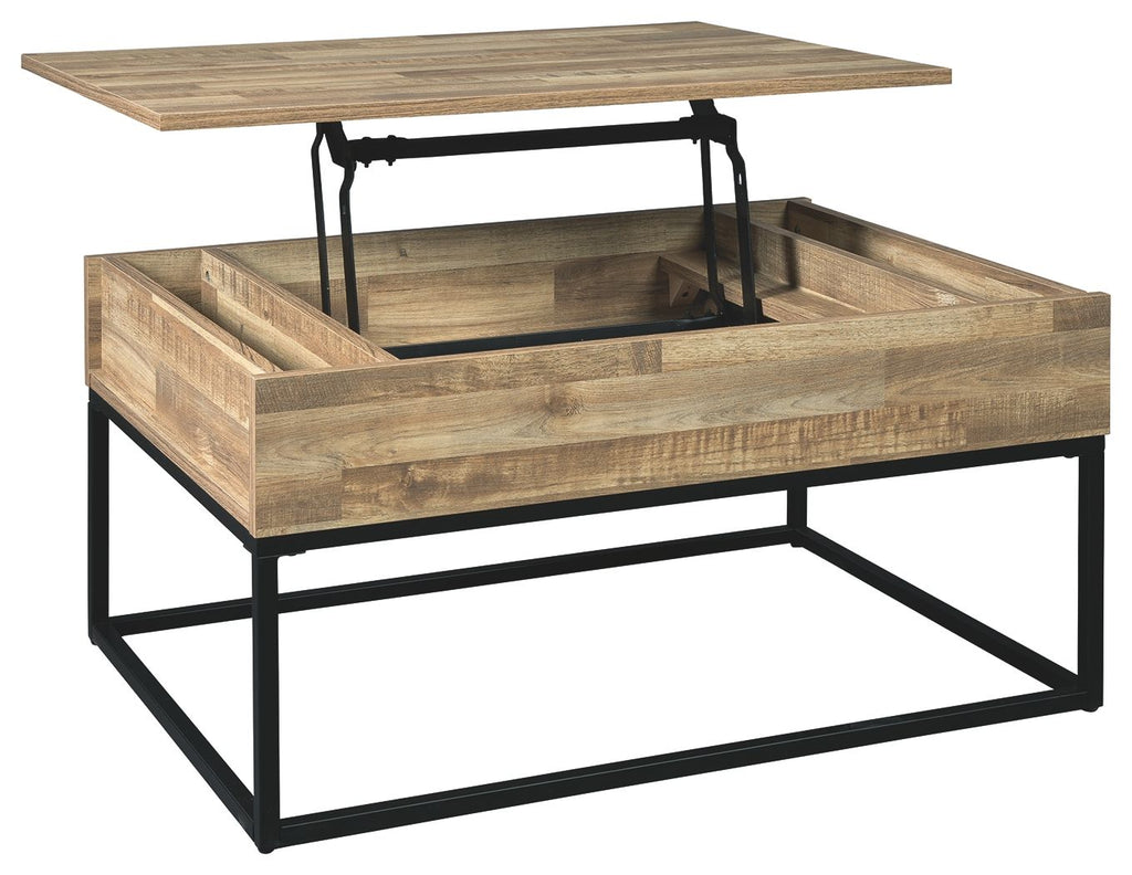 Lift-top cocktail table with light wood top, hidden lift mechanism, and black metal base