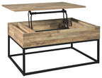 Lift-top cocktail table with light wood top, hidden lift mechanism, and black metal base