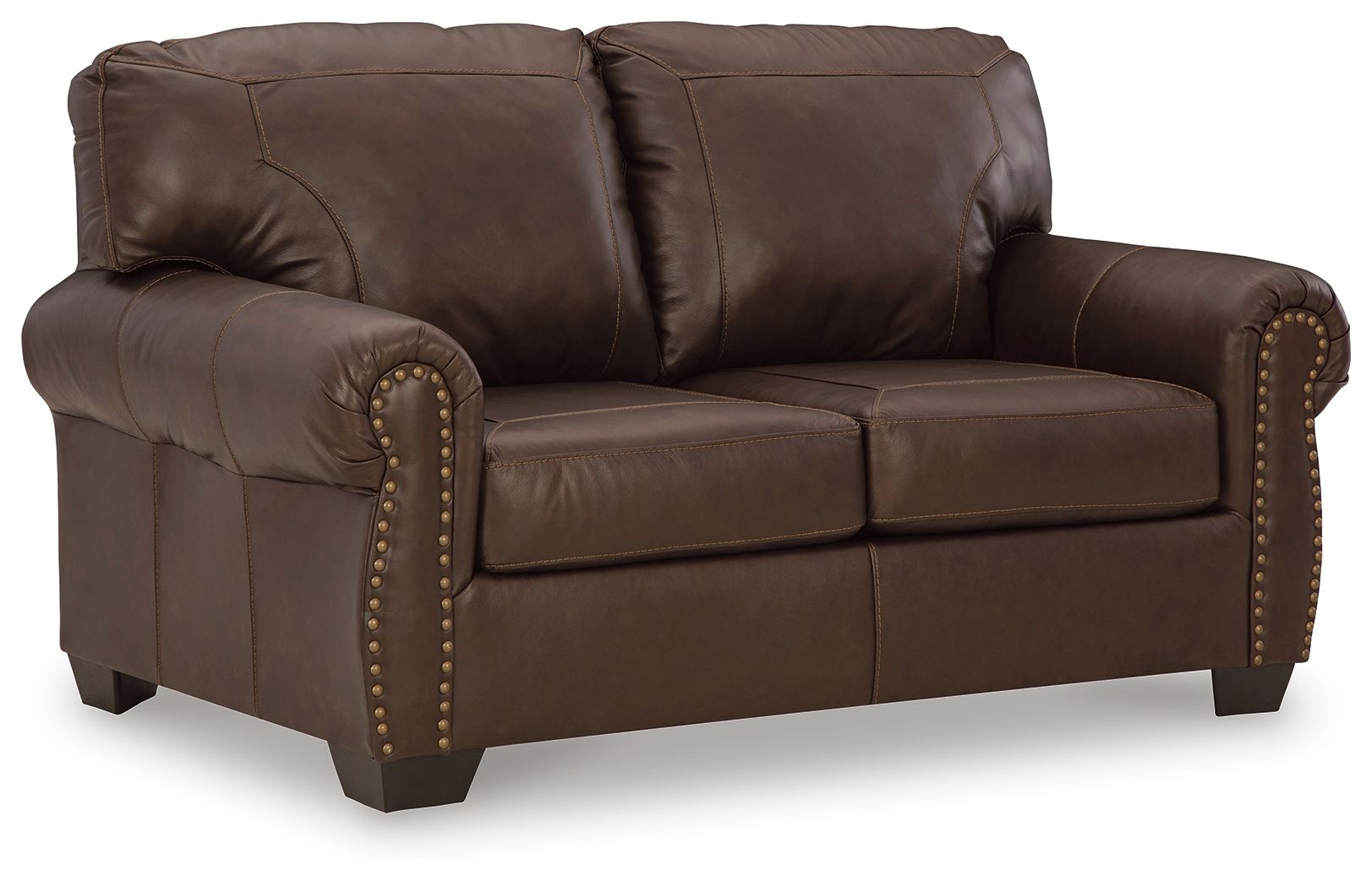 Dark brown loveseat with rolled arms, tufted back, and nailhead trim