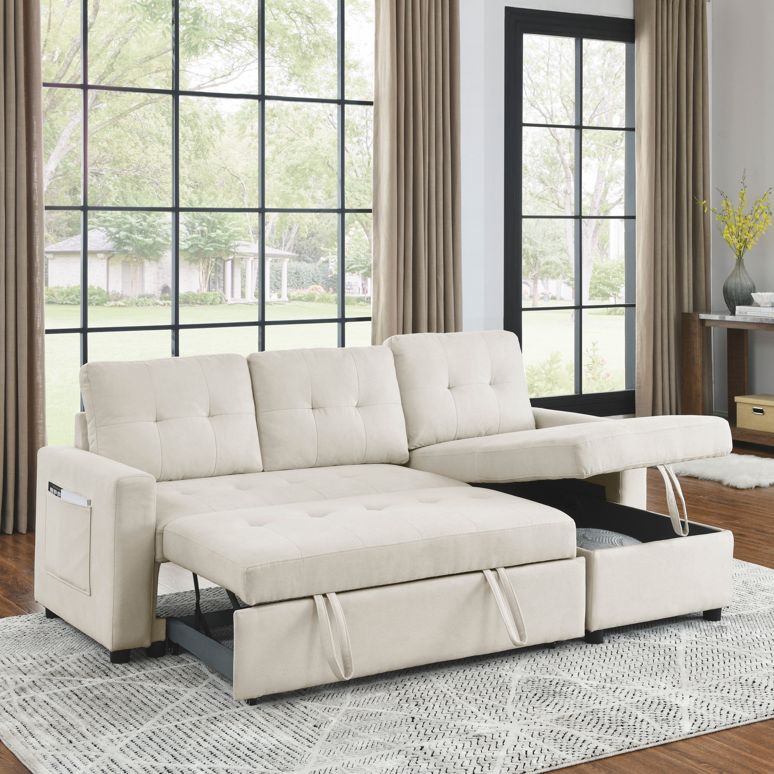 Beige Sleeper Sectional Sofa w/ Storage & Reversible Chaise