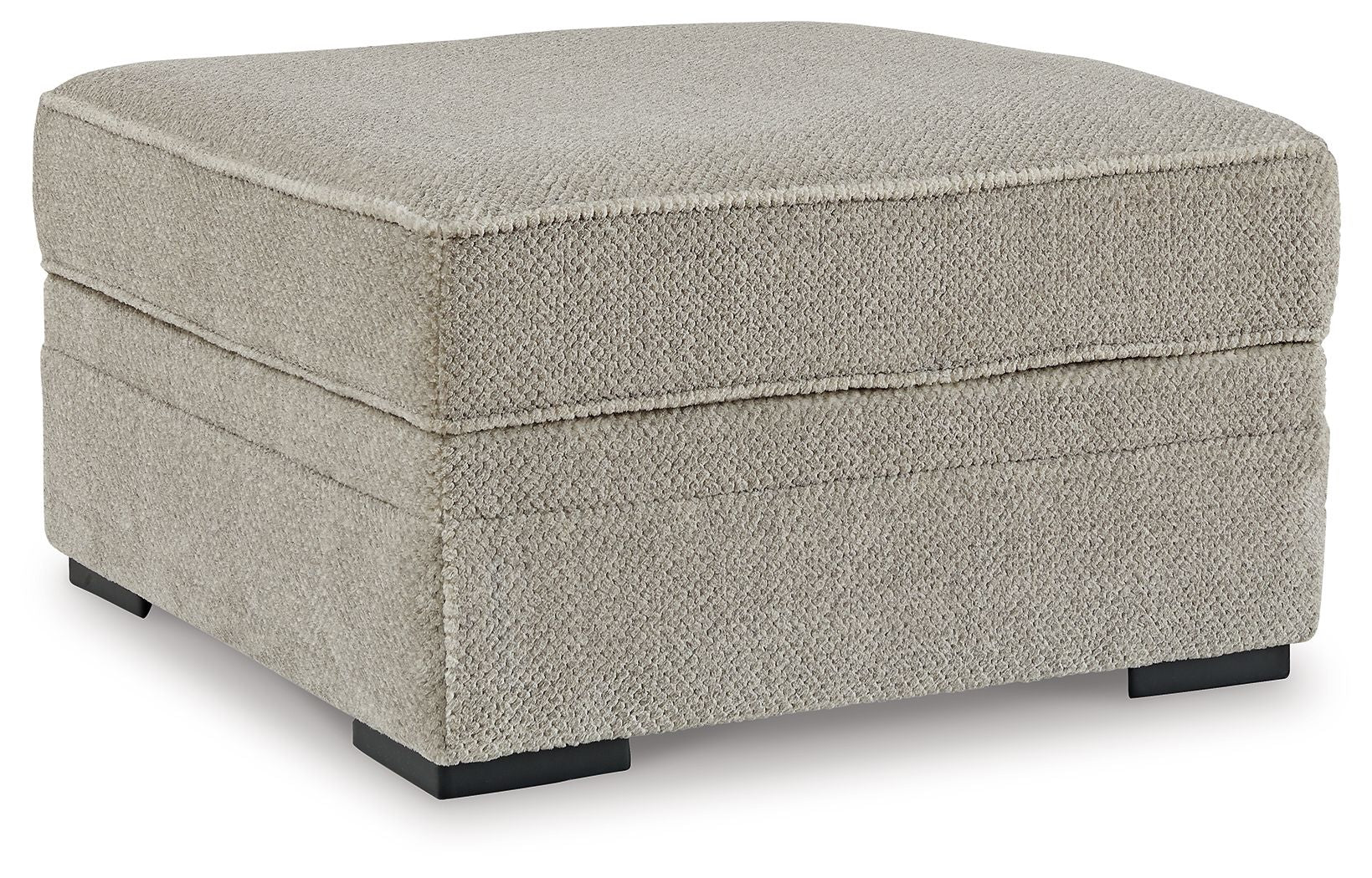 Light beige woven storage ottoman with hinged top and black legs