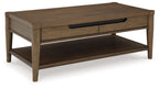 Rectangular brown coffee table with drawer and open lower shelf