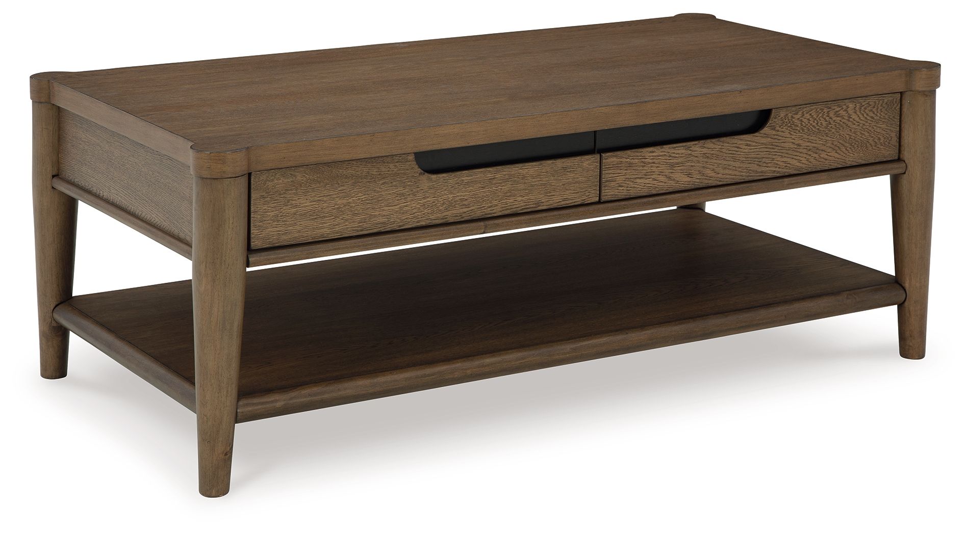Rectangular brown coffee table with drawer and open lower shelf