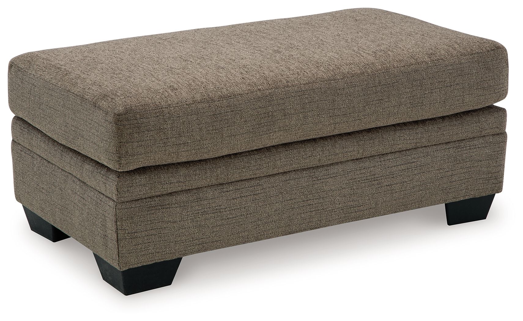 Upholstered ottoman in dark brown fabric with stitched top, black legs.