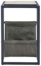 Side end table front view with black frame and olive magazine basket panels