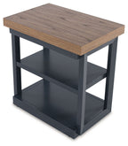 Dark blue side table with light wood top and two open shelves