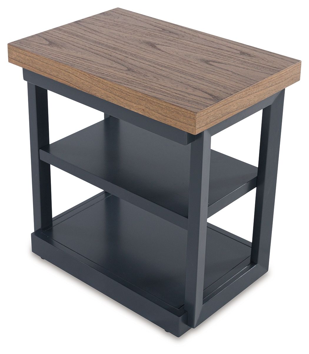 Dark blue side table with light wood top and two open shelves