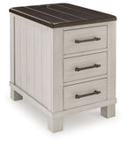 Chair side end table with dark brown top, light gray drawers, and metal bar pulls